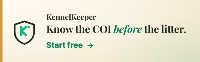KennelKeeper: Know the COI before you plan the litter. Pedigree charts with Wright's coefficient of inbreeding. Free plan, no cap on animals. Start free.
